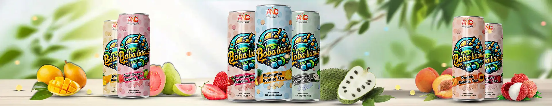 Bobalicious 320ml bubble tea cans in vibrant flavours like mango, pink guava, pineapple, and soursop, showcased with fresh fruits on a tropical-themed background.